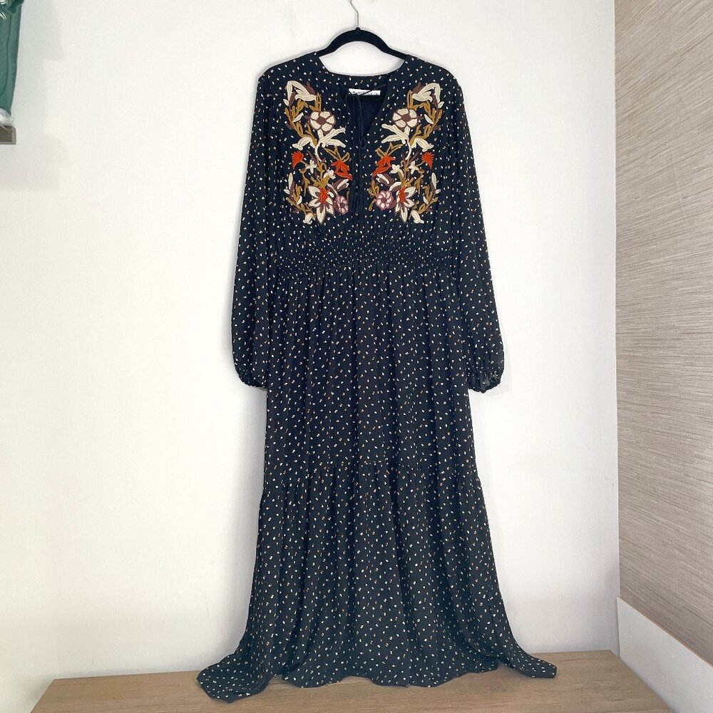 NWOT Women's 1XL Rusttydustty Black Floral Embroidered Long Sleeve Maxi Dress